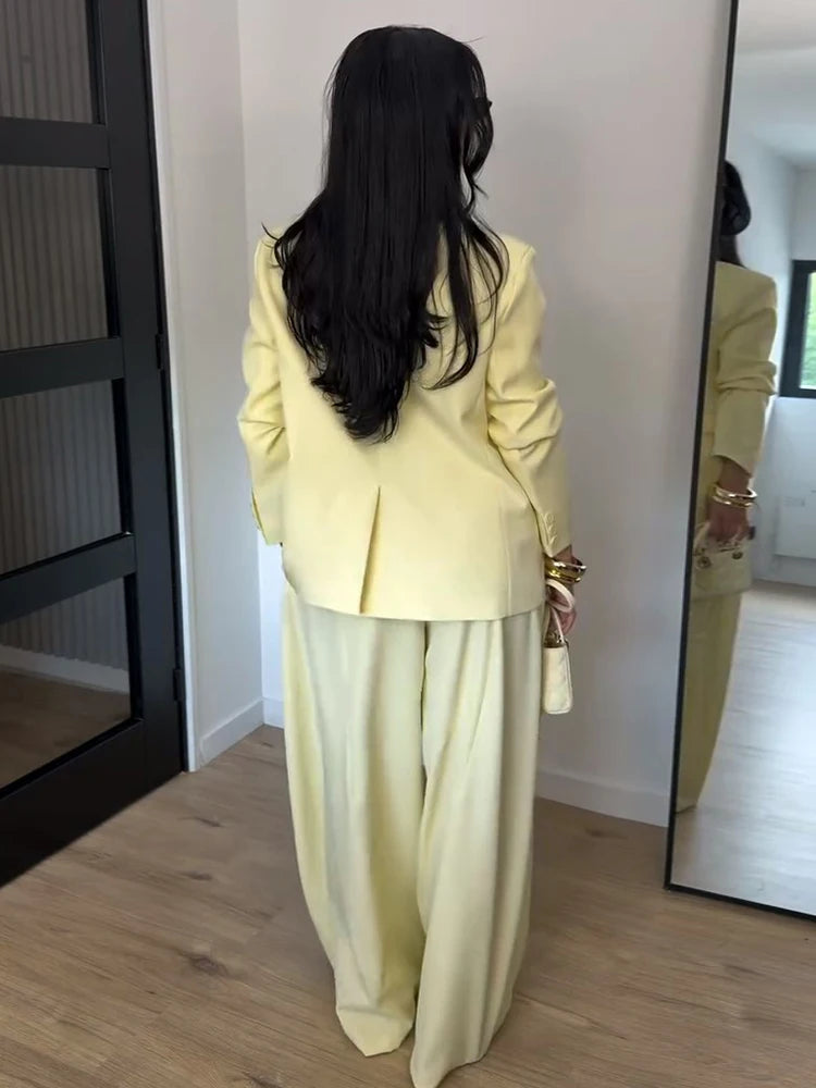 Chic Solid Stand Neck Blazer Jacket Pant Set Women Full Sleeve Shoulder Pads Coat Wide Leg Pants 2026 Autumn Commute Outfit