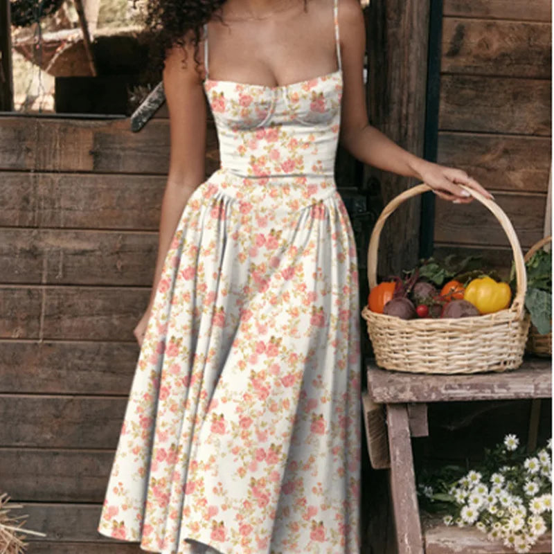 Women Spaghetti Strap Midi Dress Elegant Bustier Corset Dress High Waist A Line Flare Sundress Elegant Wedding Guest Party Dress