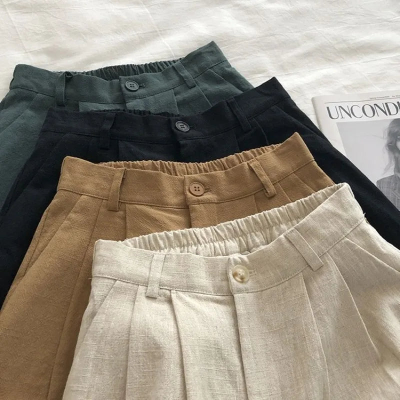 Women's 2026 Spring Summer Cotton Linen Japanese Vintage High Waist Slimming Wide Leg Bermuda Shorts Casual Korean Chic Sweet