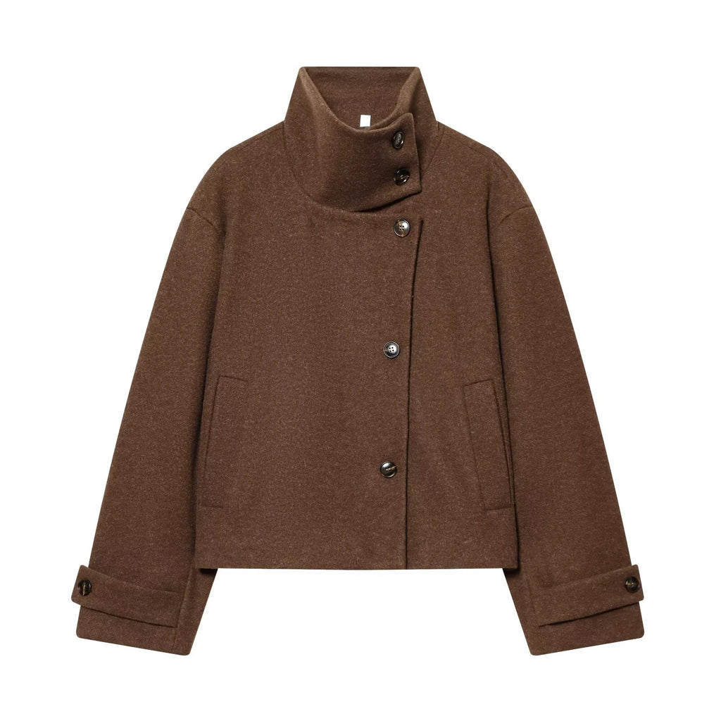 European and American 2025 Winter New Women's Loose and Casual Style Simple Long Sleeve Buckle Stand up Collar Coat