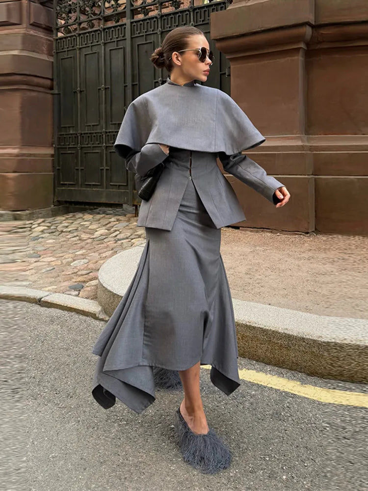Chic Women Gray Suit Jacket Skirt Set Long Sleeve Stand Collar Waisted Jacket O Neck Cloak Hip Package Midi Skirts OL Outfits