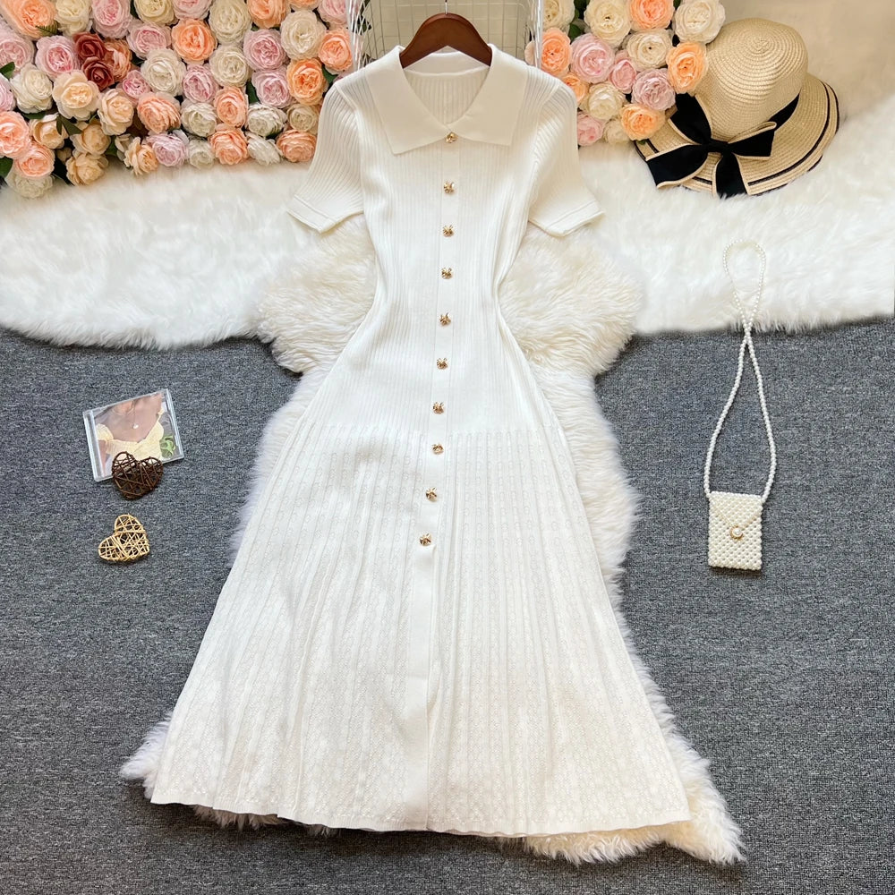 YuooMuoo Brand Fashion Vintage Turn-down Collar Knit Maxi Dress Elegant Single-breasted A-line Long Shirt Dress Lady Vestidos