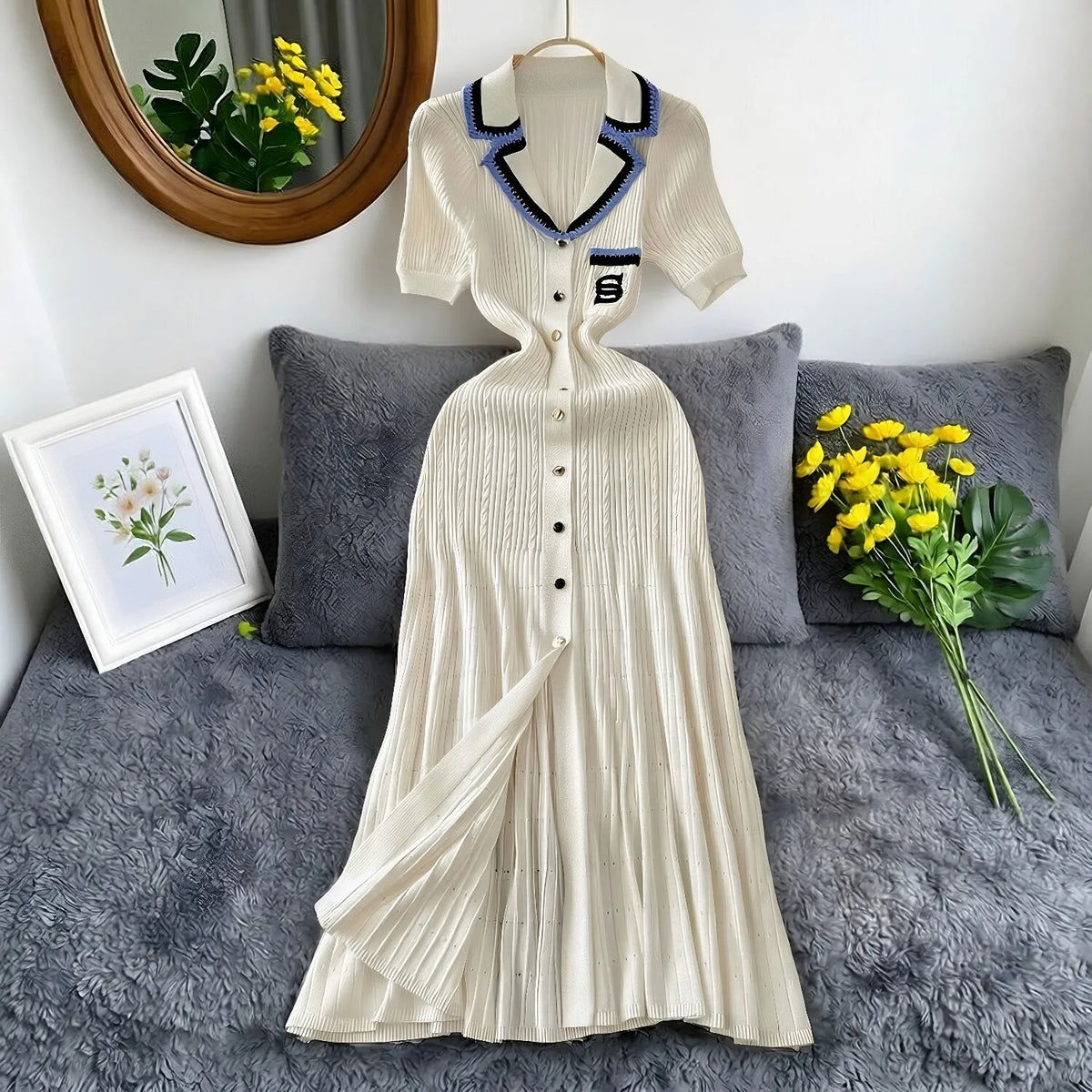 YuooMuoo Brand Fashion Vintage Turn-down Collar Knit Maxi Dress Elegant Single-breasted A-line Long Shirt Dress Lady Vestidos