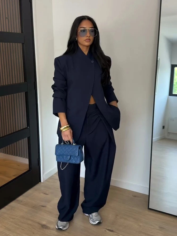 Chic Solid Stand Neck Blazer Jacket Pant Set Women Full Sleeve Shoulder Pads Coat Wide Leg Pants 2026 Autumn Commute Outfit