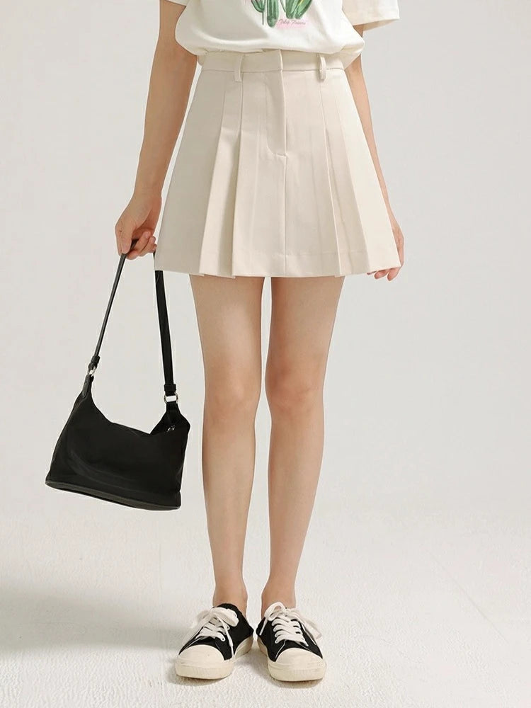 High Waist Pleated Mini Skirt Women Cream A-Line Short Skirt Korean Preppy Style Casual Skirt for Summer Daily or School Outfits