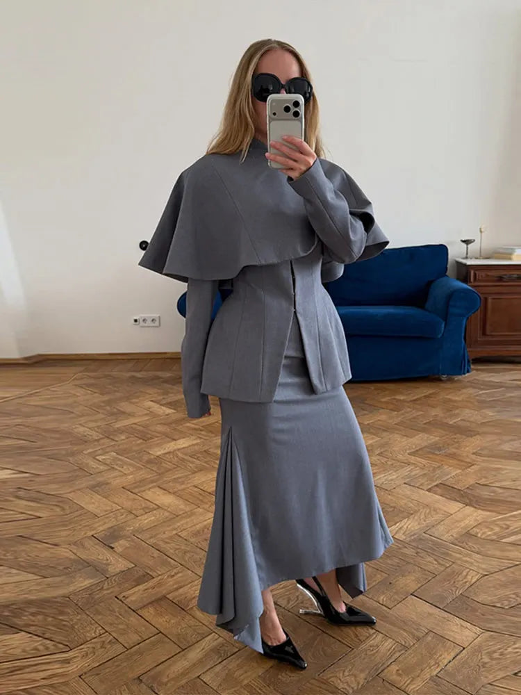 Chic Women Gray Suit Jacket Skirt Set Long Sleeve Stand Collar Waisted Jacket O Neck Cloak Hip Package Midi Skirts OL Outfits