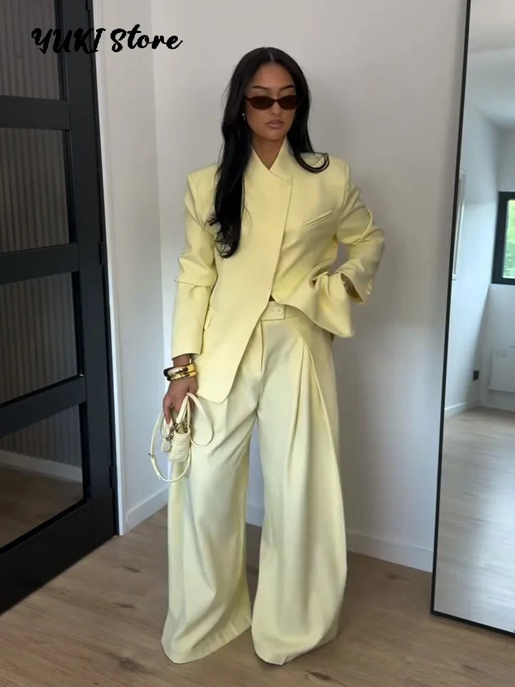 Chic Solid Stand Neck Blazer Jacket Pant Set Women Full Sleeve Shoulder Pads Coat Wide Leg Pants 2026 Autumn Commute Outfit
