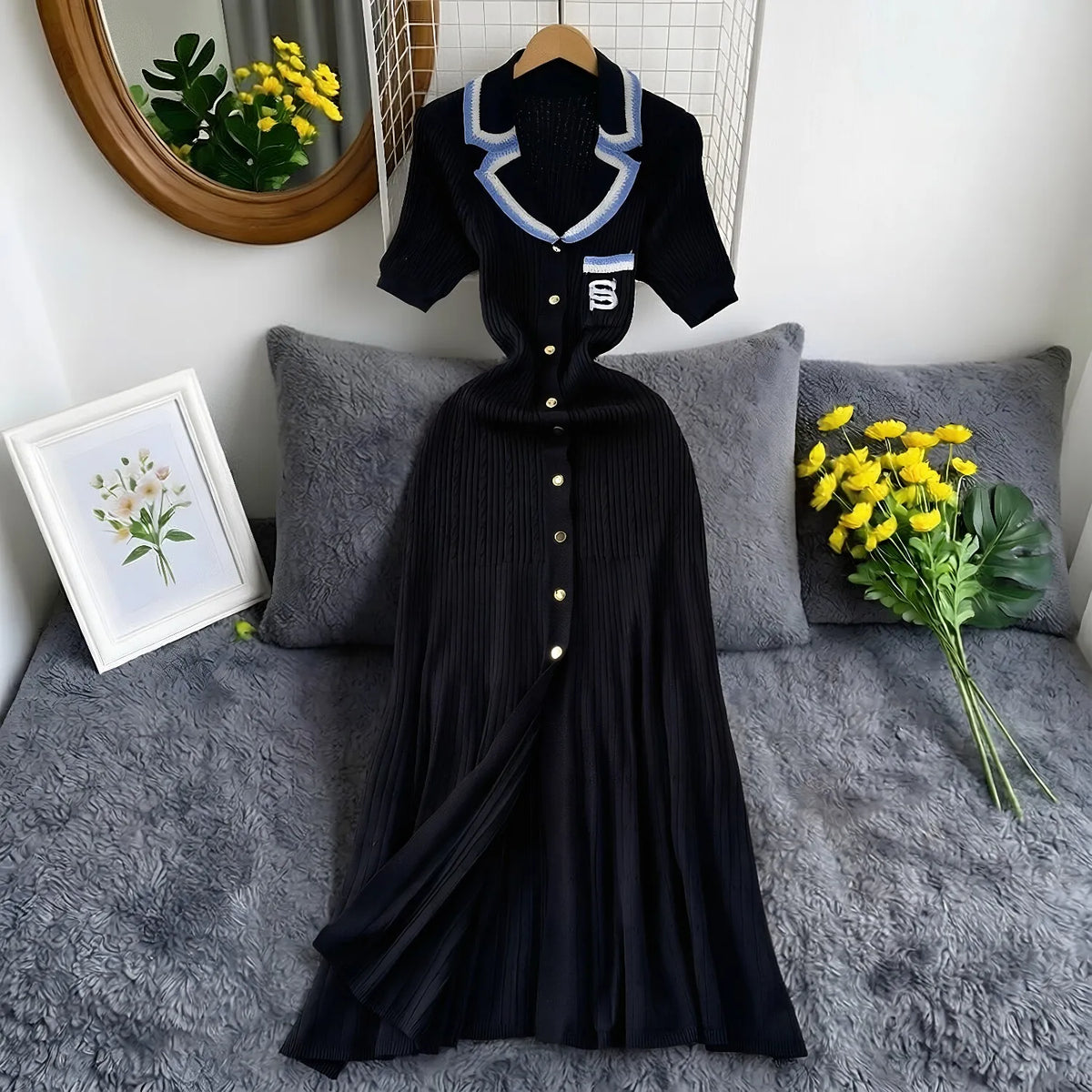 YuooMuoo Brand Fashion Vintage Turn-down Collar Knit Maxi Dress Elegant Single-breasted A-line Long Shirt Dress Lady Vestidos