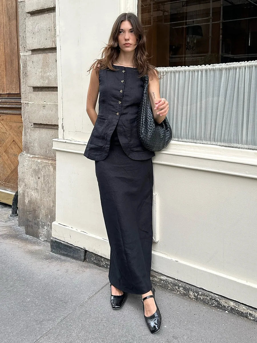 Bornladies Women's Sleeveless Vest High Waisted Skirt Set Spring Summer New Linen Casual Suit Fashion Office Lady Vest Set