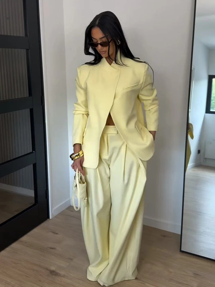 Chic Solid Stand Neck Blazer Jacket Pant Set Women Full Sleeve Shoulder Pads Coat Wide Leg Pants 2026 Autumn Commute Outfit