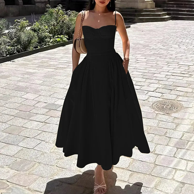 Women Spaghetti Strap Midi Dress Elegant Bustier Corset Dress High Waist A Line Flare Sundress Elegant Wedding Guest Party Dress