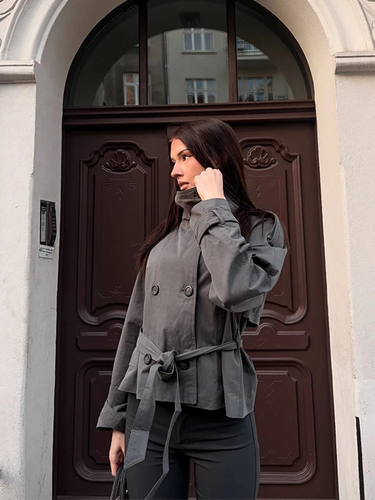 2026 Spring Women's Solid Lace Up Trench Coat Stand Collar Double Breasted Jacket Stylish New Lady Long Sleeve Outerwear Street