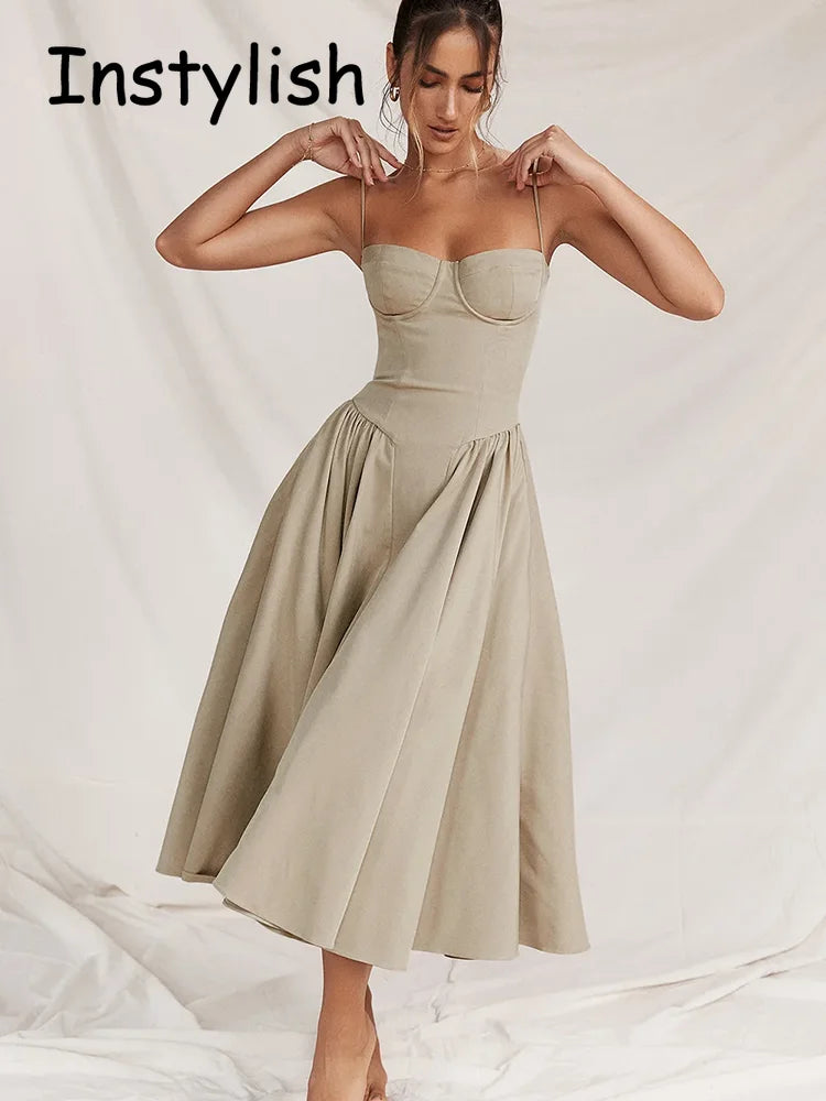 Women Spaghetti Strap Midi Dress Elegant Bustier Corset Dress High Waist A Line Flare Sundress Elegant Wedding Guest Party Dress