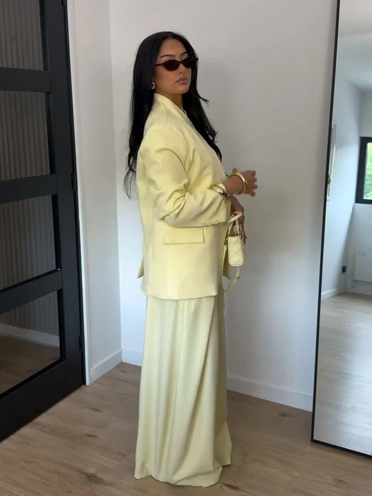 Chic Solid Stand Neck Blazer Jacket Pant Set Women Full Sleeve Shoulder Pads Coat Wide Leg Pants 2026 Autumn Commute Outfit