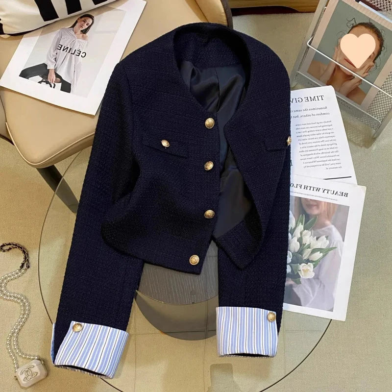 Navy Blue Short Jacket for Women Fashion Striped Patchwork Long Sleeve Coat Woman Spring Autumn French Gold Button Tweed Jacket