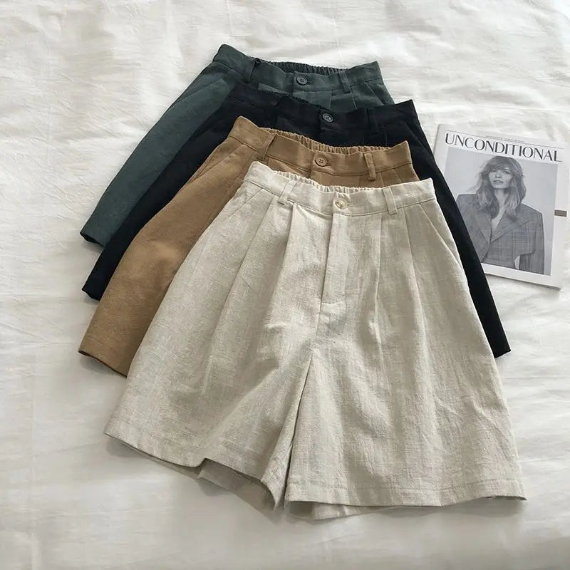 Women's 2026 Spring Summer Cotton Linen Japanese Vintage High Waist Slimming Wide Leg Bermuda Shorts Casual Korean Chic Sweet