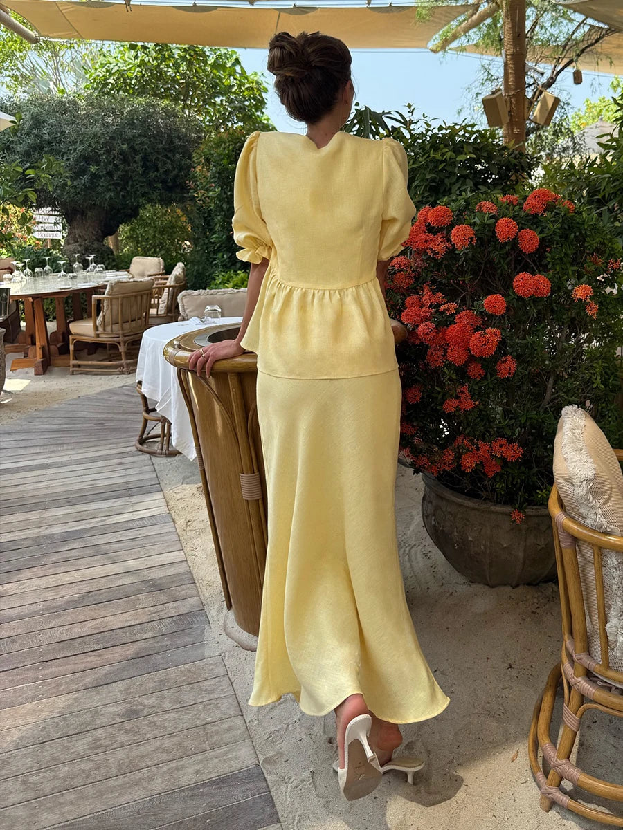 Bornladies 2025 Summer Women's 100% Cotton V-Neck Lace-Up Bubble Sleeve Shirt  Long Skirt Set Loose Casual Two-Piece Suit