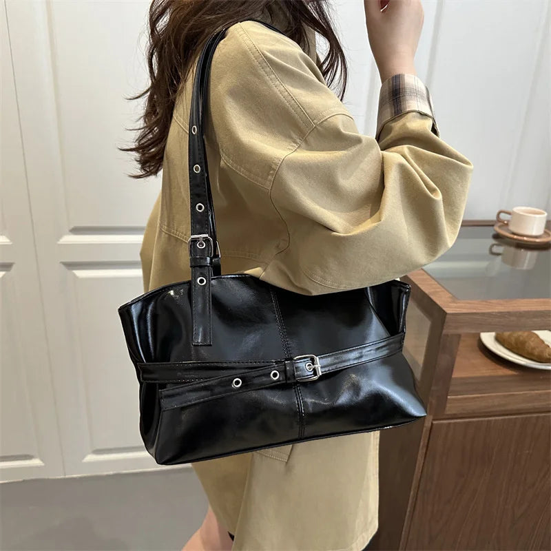 New Fashionable Versatile Belt Buckle Handbag Korean Style Solid Color Soft Leather Women's Casual Shoulder Bag Underarm Bag