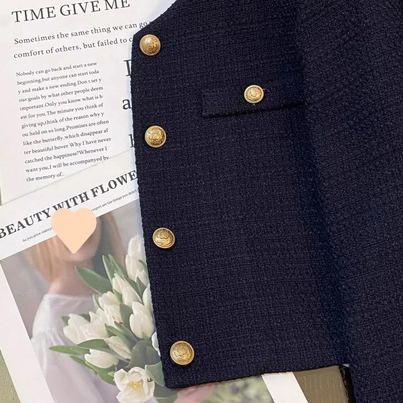 Navy Blue Short Jacket for Women Fashion Striped Patchwork Long Sleeve Coat Woman Spring Autumn French Gold Button Tweed Jacket