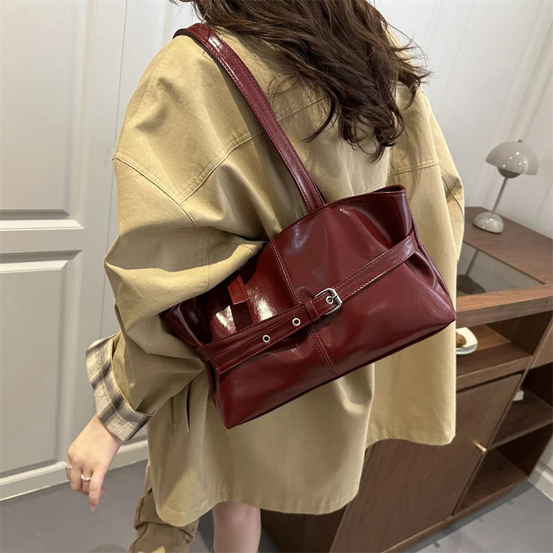 New Fashionable Versatile Belt Buckle Handbag Korean Style Solid Color Soft Leather Women's Casual Shoulder Bag Underarm Bag