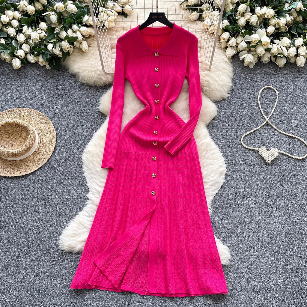 YuooMuoo Brand Fashion Vintage Turn-down Collar Knit Maxi Dress Elegant Single-breasted A-line Long Shirt Dress Lady Vestidos
