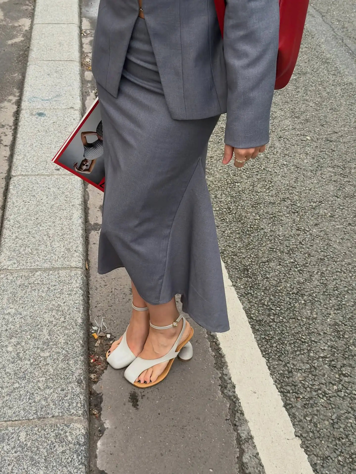 Chic Women Gray Suit Jacket Skirt Set Long Sleeve Stand Collar Waisted Jacket O Neck Cloak Hip Package Midi Skirts OL Outfits