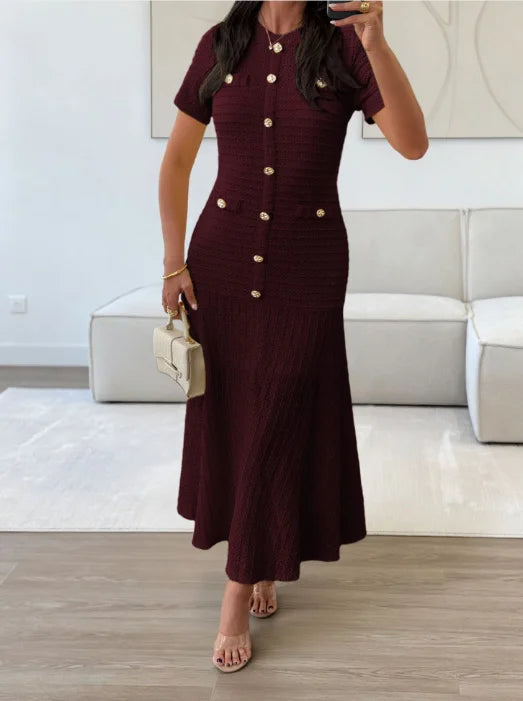 Women's Solid Color Midi Dress Short Sleeve Gold Button Decorated Fitted Flared Hem Gown Elegant Retro Outfit Dating & Parties