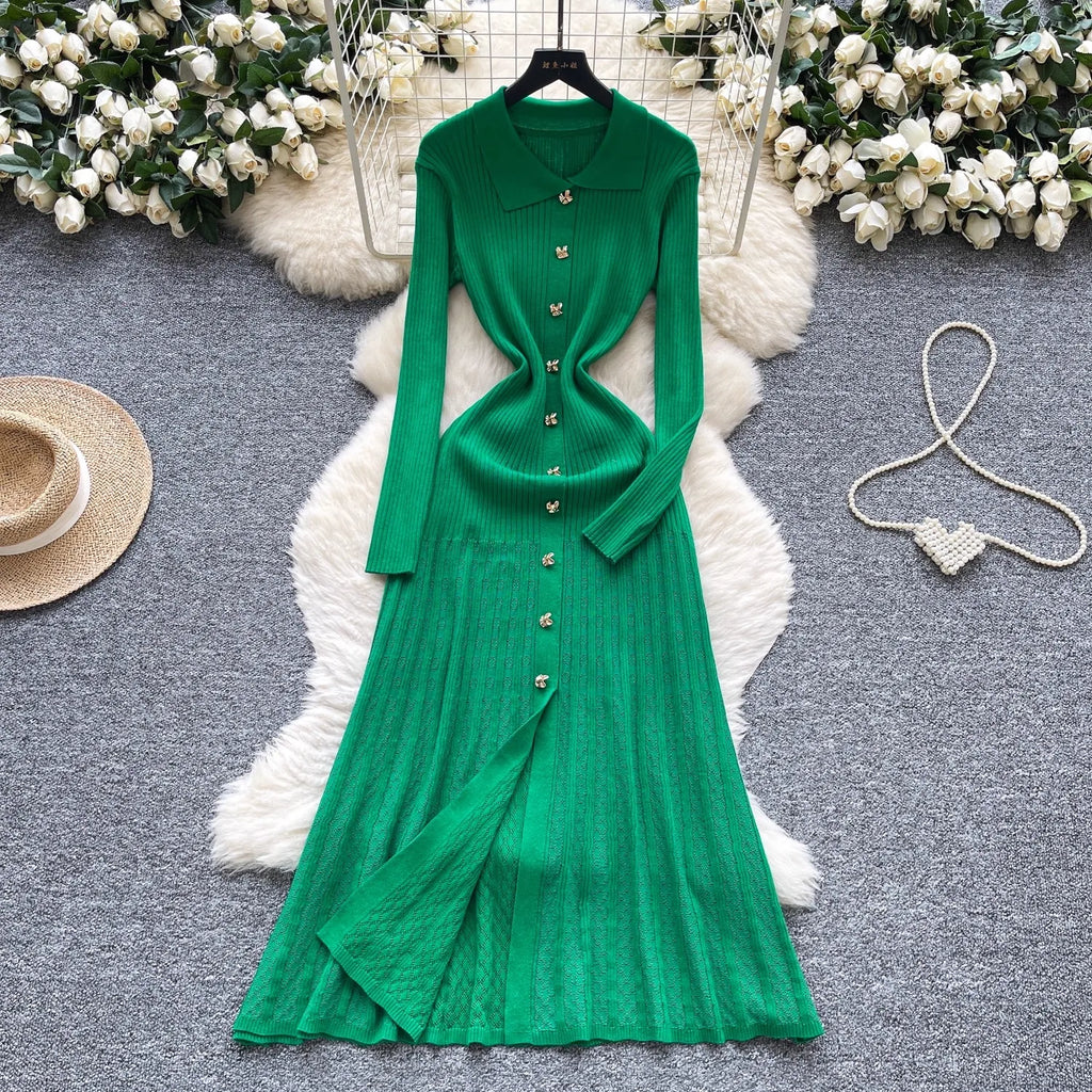 YuooMuoo Brand Fashion Vintage Turn-down Collar Knit Maxi Dress Elegant Single-breasted A-line Long Shirt Dress Lady Vestidos