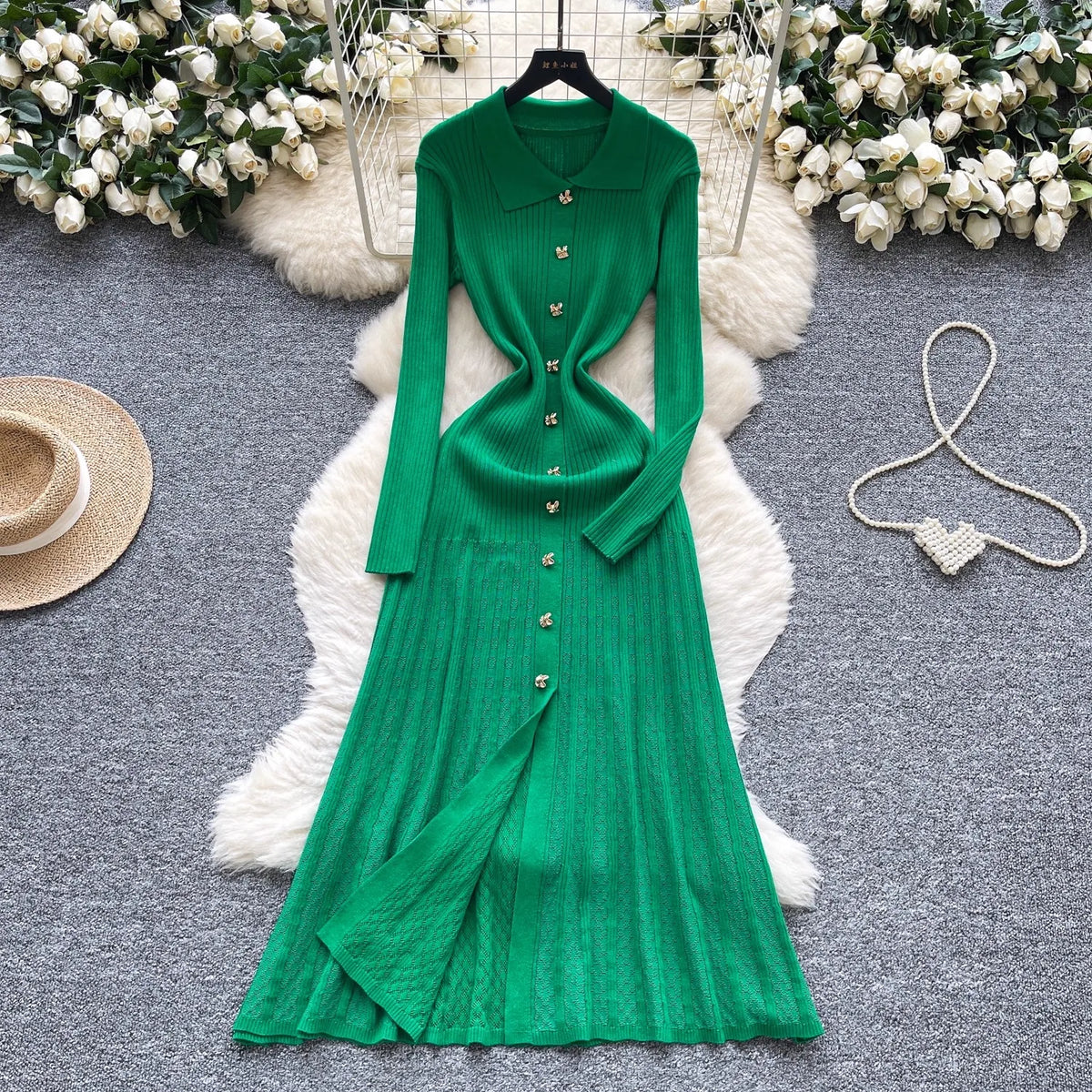 YuooMuoo Brand Fashion Vintage Turn-down Collar Knit Maxi Dress Elegant Single-breasted A-line Long Shirt Dress Lady Vestidos