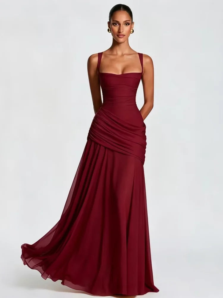 Pleated Square Neck Maxi Dress