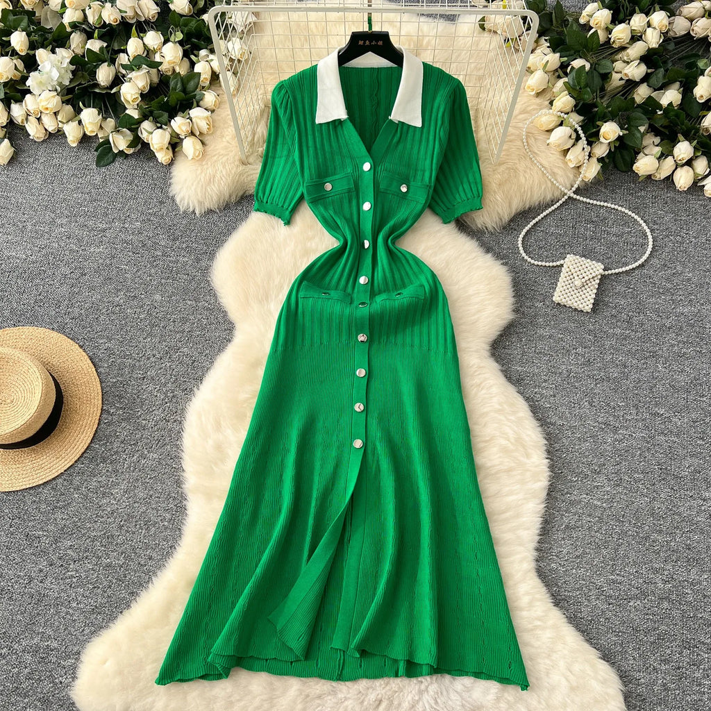 YuooMuoo Brand Fashion Vintage Turn-down Collar Knit Maxi Dress Elegant Single-breasted A-line Long Shirt Dress Lady Vestidos