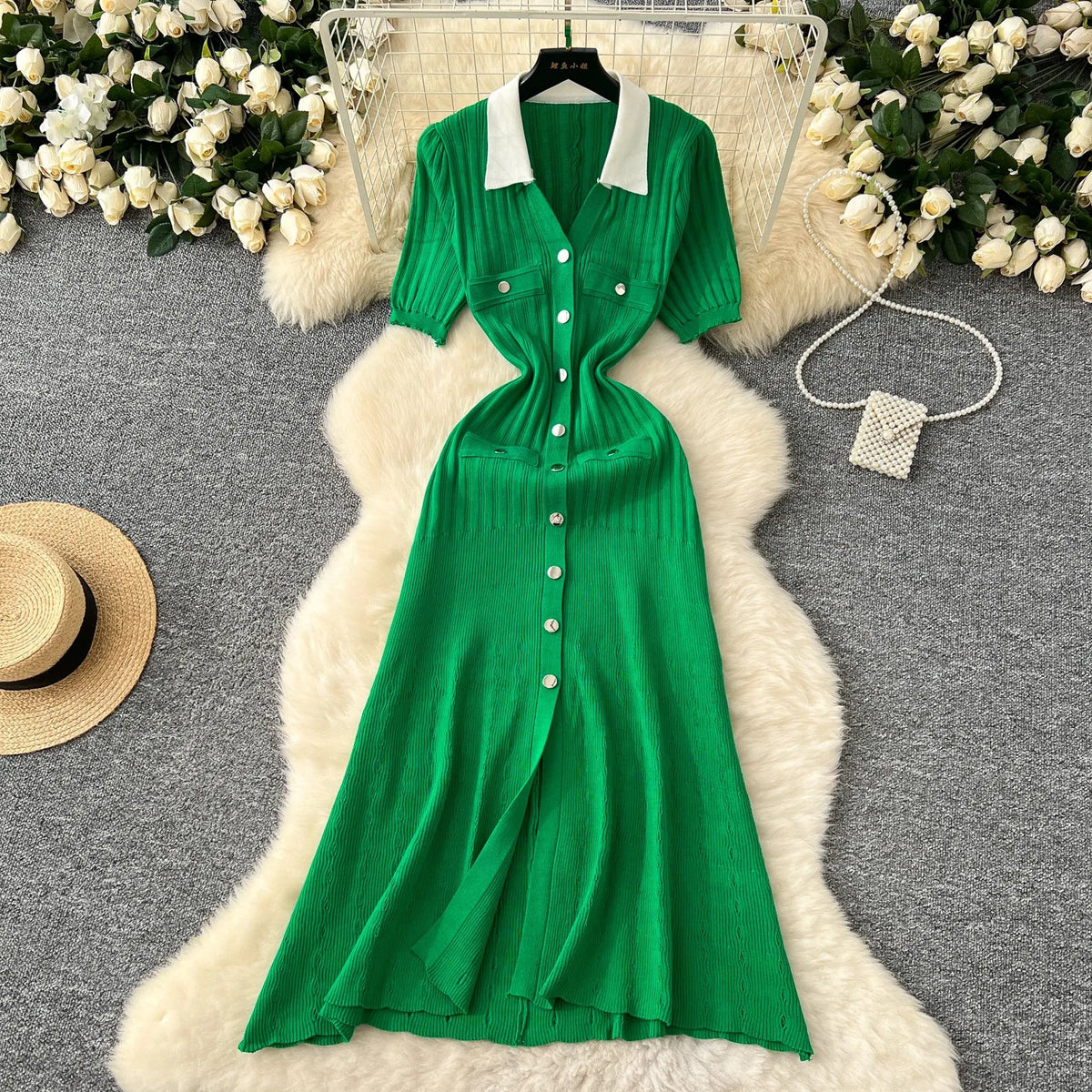 YuooMuoo Brand Fashion Vintage Turn-down Collar Knit Maxi Dress Elegant Single-breasted A-line Long Shirt Dress Lady Vestidos