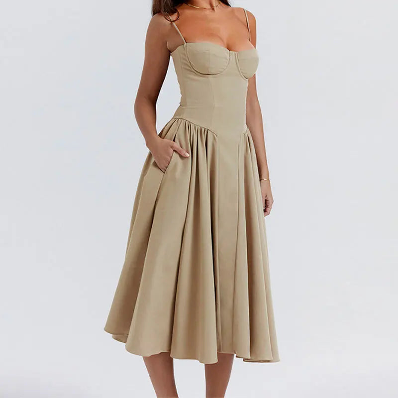 Women Spaghetti Strap Midi Dress Elegant Bustier Corset Dress High Waist A Line Flare Sundress Elegant Wedding Guest Party Dress
