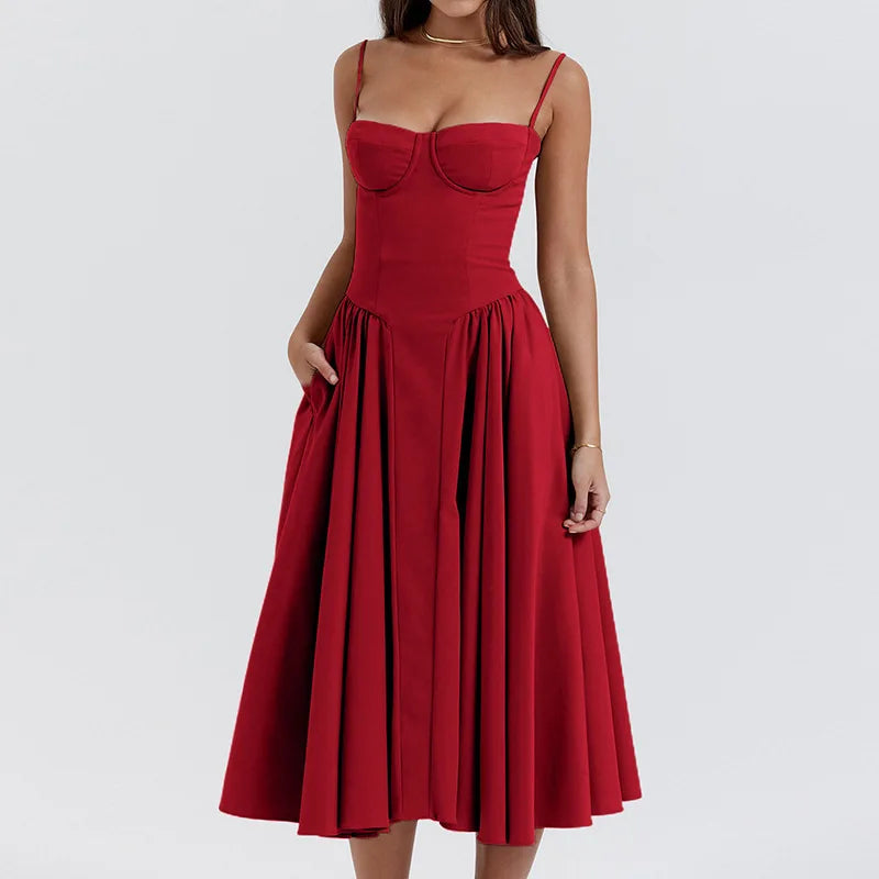 Women Spaghetti Strap Midi Dress Elegant Bustier Corset Dress High Waist A Line Flare Sundress Elegant Wedding Guest Party Dress