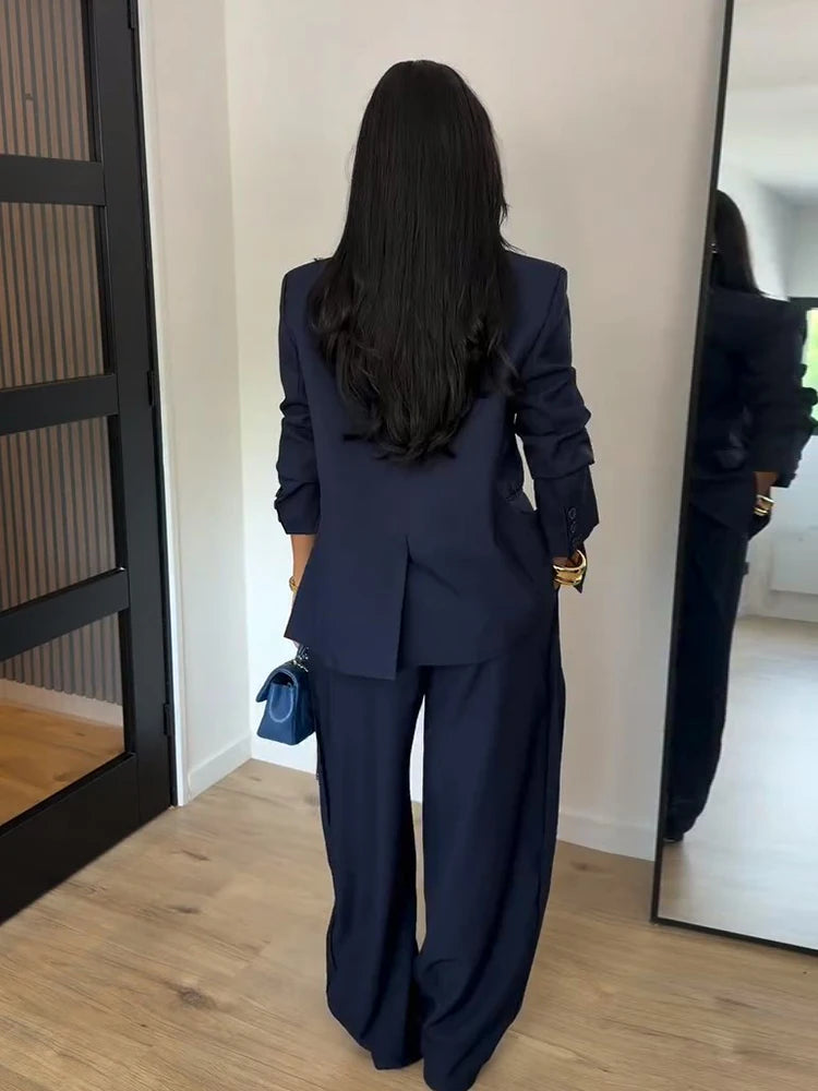 Chic Solid Stand Neck Blazer Jacket Pant Set Women Full Sleeve Shoulder Pads Coat Wide Leg Pants 2026 Autumn Commute Outfit