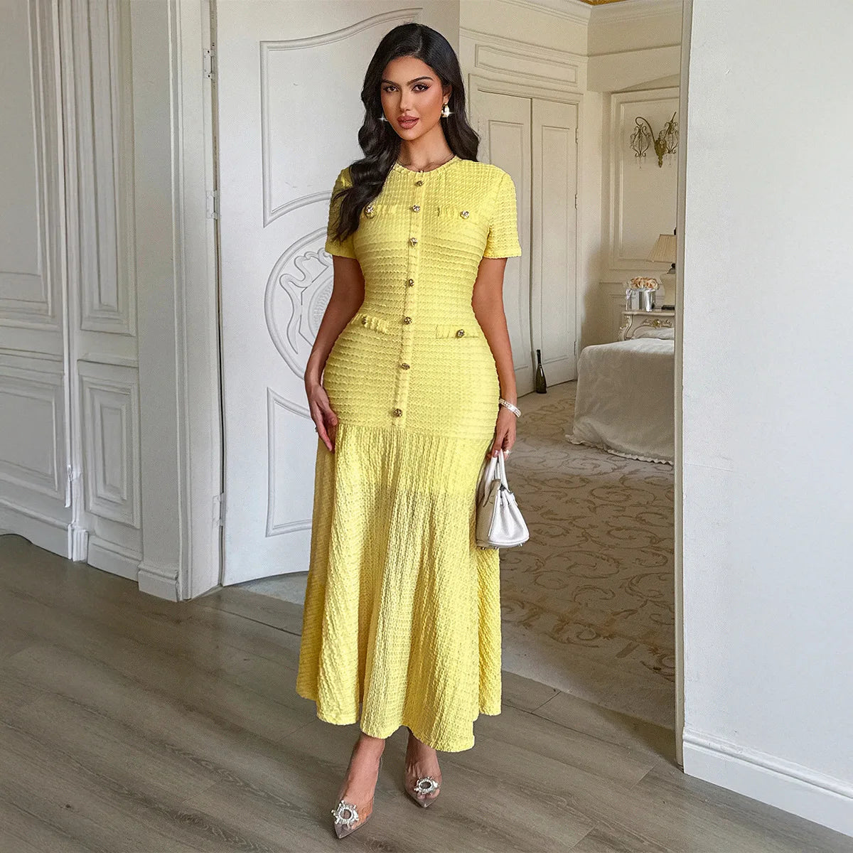 Women's Solid Color Midi Dress Short Sleeve Gold Button Decorated Fitted Flared Hem Gown Elegant Retro Outfit Dating & Parties