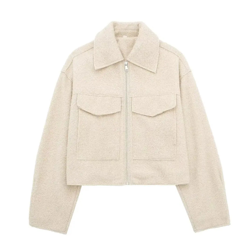 Willshela Women Fashion With Pockets Grey Front Zipper Jackets Vintage Lapel Neck Long Sleeves Female Chic Lady Outfits