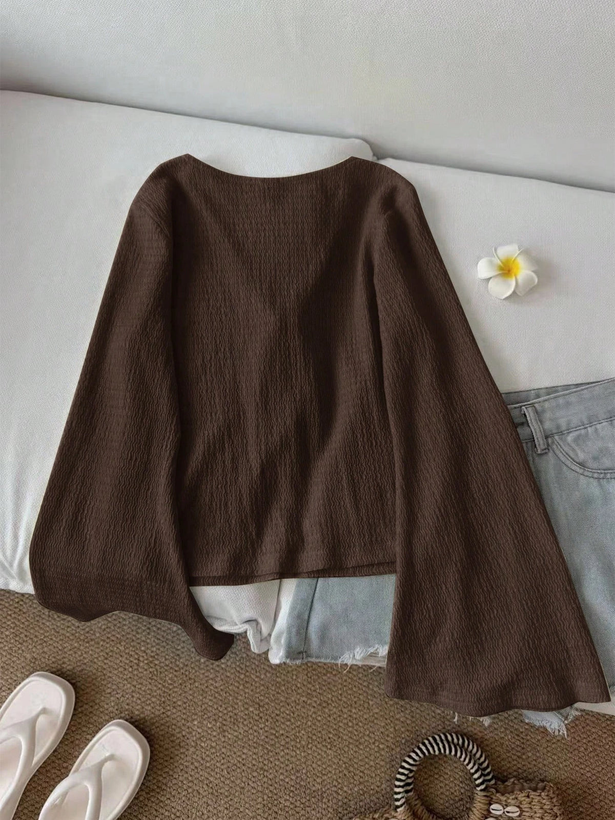 Women's Casual Solid Color Tie Front Semi-Fitted Flare Sleeve Blouse V-Neck Knit Textured Fabrics Cottagecore Top Spring/Fall