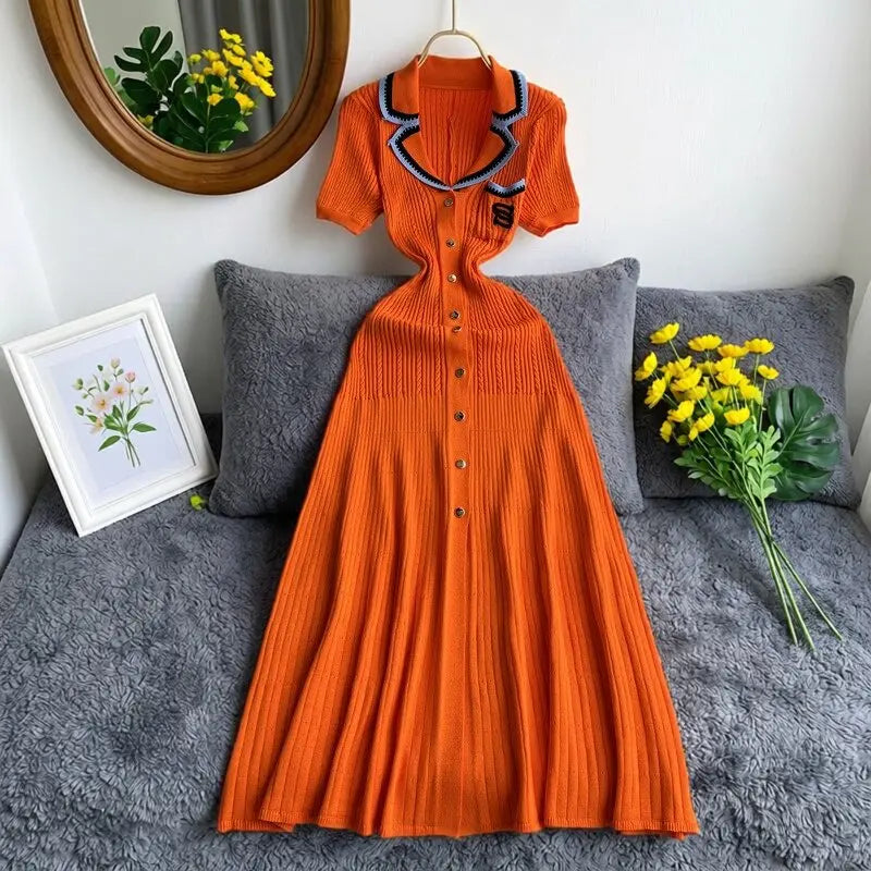 YuooMuoo Brand Fashion Vintage Turn-down Collar Knit Maxi Dress Elegant Single-breasted A-line Long Shirt Dress Lady Vestidos