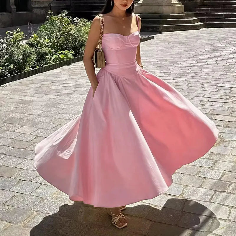 Women Spaghetti Strap Midi Dress Elegant Bustier Corset Dress High Waist A Line Flare Sundress Elegant Wedding Guest Party Dress