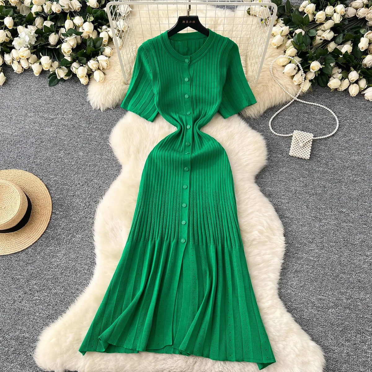 YuooMuoo Brand Fashion Vintage Turn-down Collar Knit Maxi Dress Elegant Single-breasted A-line Long Shirt Dress Lady Vestidos