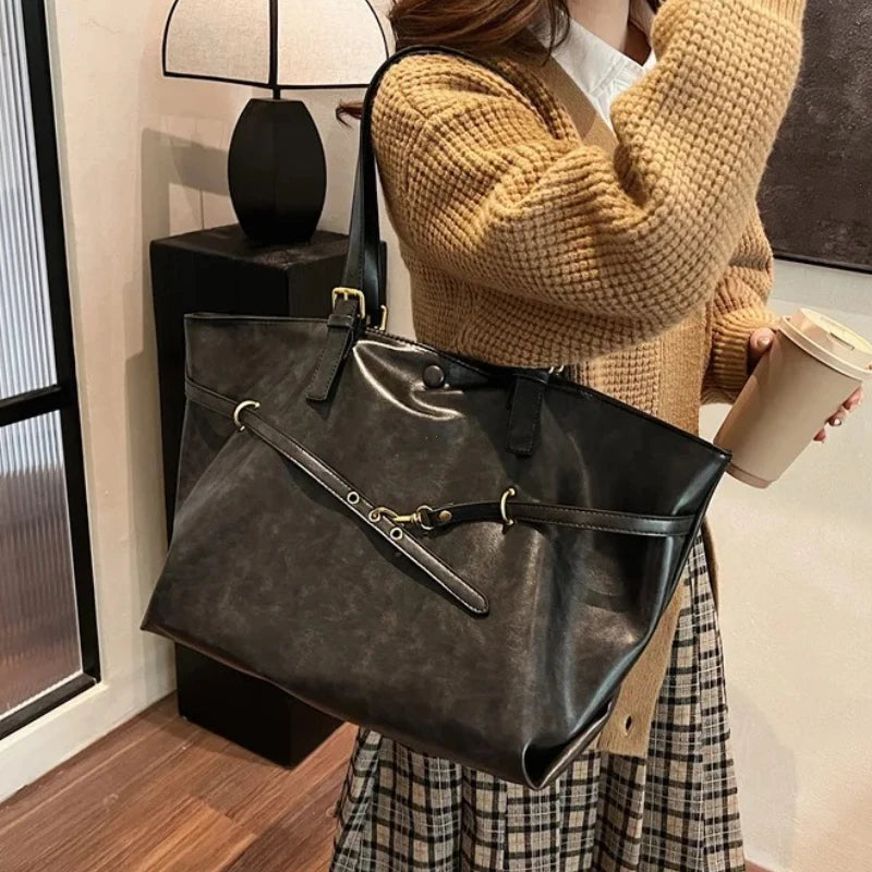 Large Sized Tote Bags For Women Soft PU Leather Pure Color Large Capacity Shopper Shoulder Crossbody Bag High Quality Handbags
