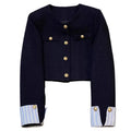 Navy Blue Short Jacket for Women Fashion Striped Patchwork Long Sleeve Coat Woman Spring Autumn French Gold Button Tweed Jacket