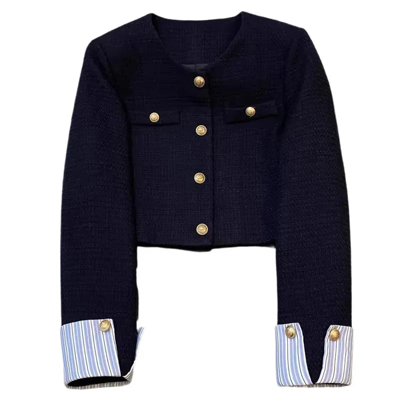 Navy Blue Short Jacket for Women Fashion Striped Patchwork Long Sleeve Coat Woman Spring Autumn French Gold Button Tweed Jacket