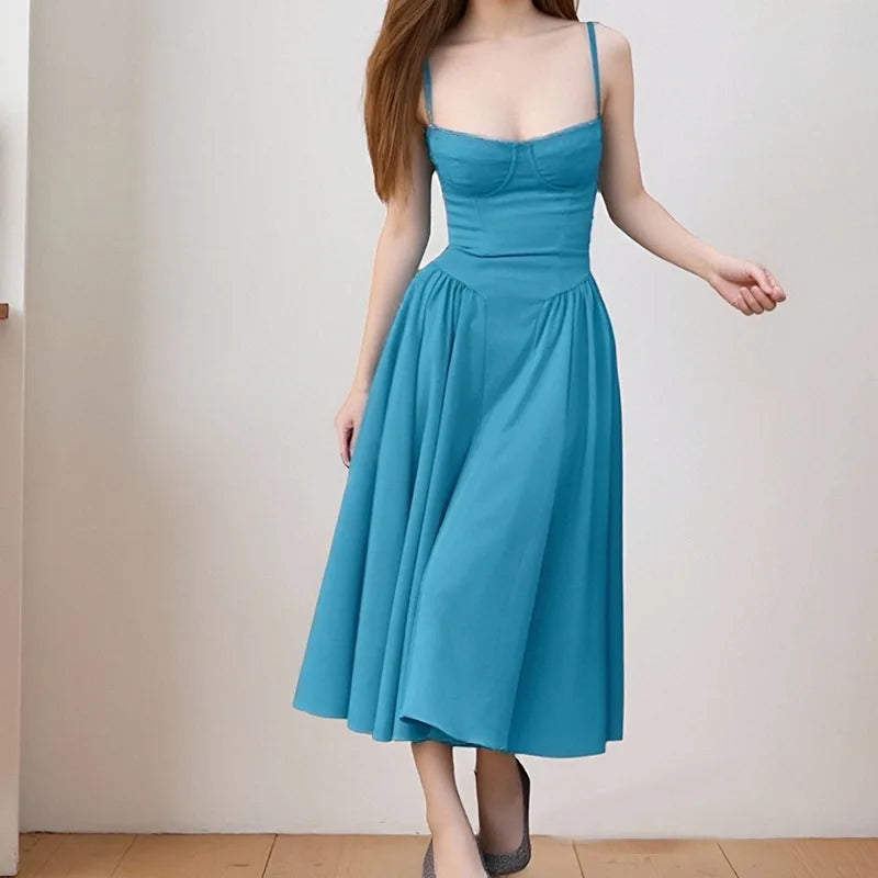 Women Spaghetti Strap Midi Dress Elegant Bustier Corset Dress High Waist A Line Flare Sundress Elegant Wedding Guest Party Dress