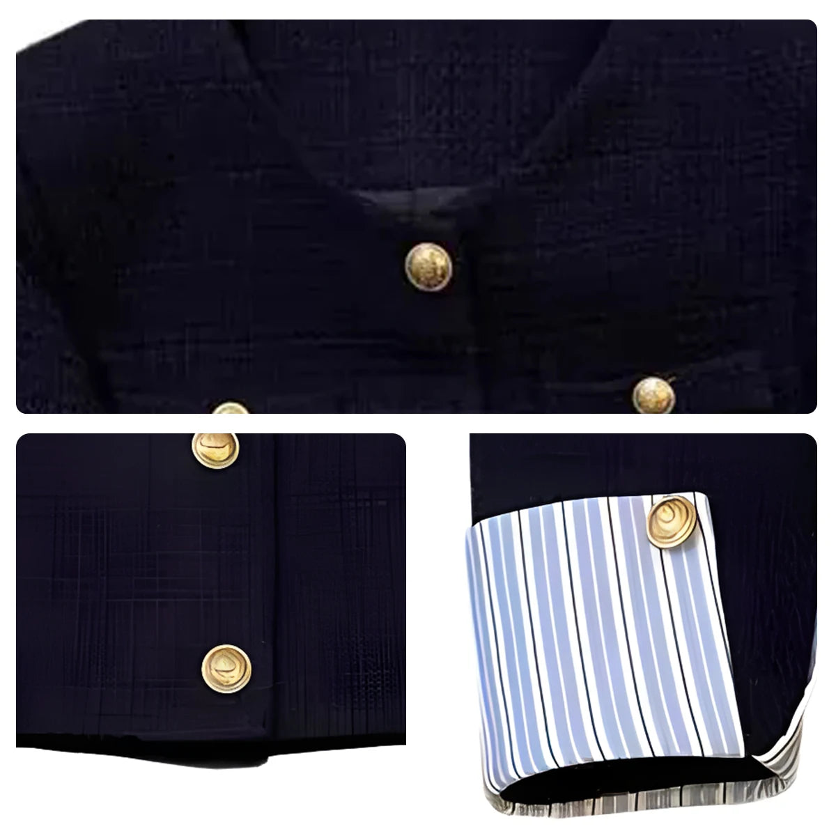 Navy Blue Short Jacket for Women Fashion Striped Patchwork Long Sleeve Coat Woman Spring Autumn French Gold Button Tweed Jacket