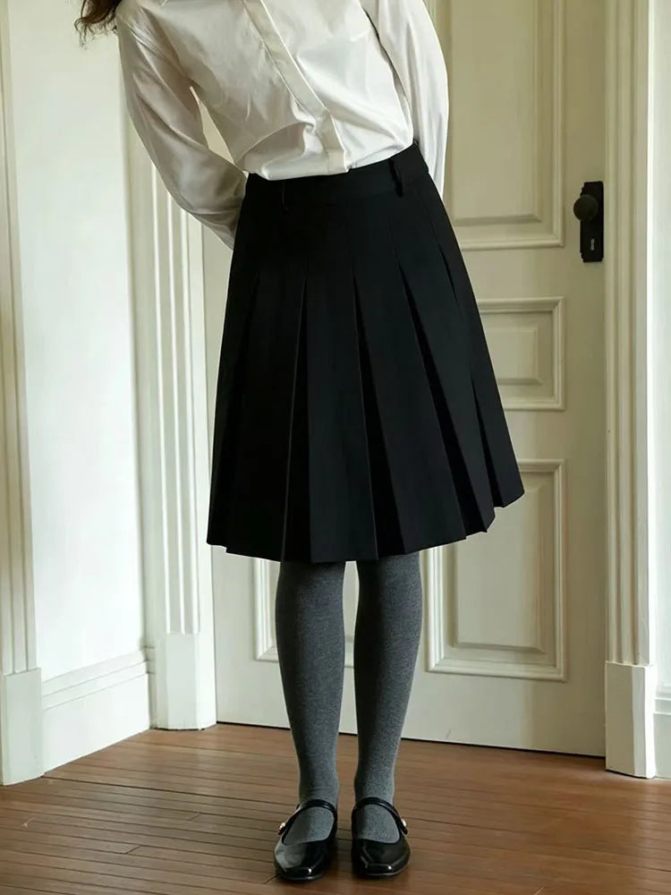 Autumn Faux Wool Pleated Skirts for Women Y2K High Waist Streetwear Reversible Knee Length Skirts American Blended A Line Skirts