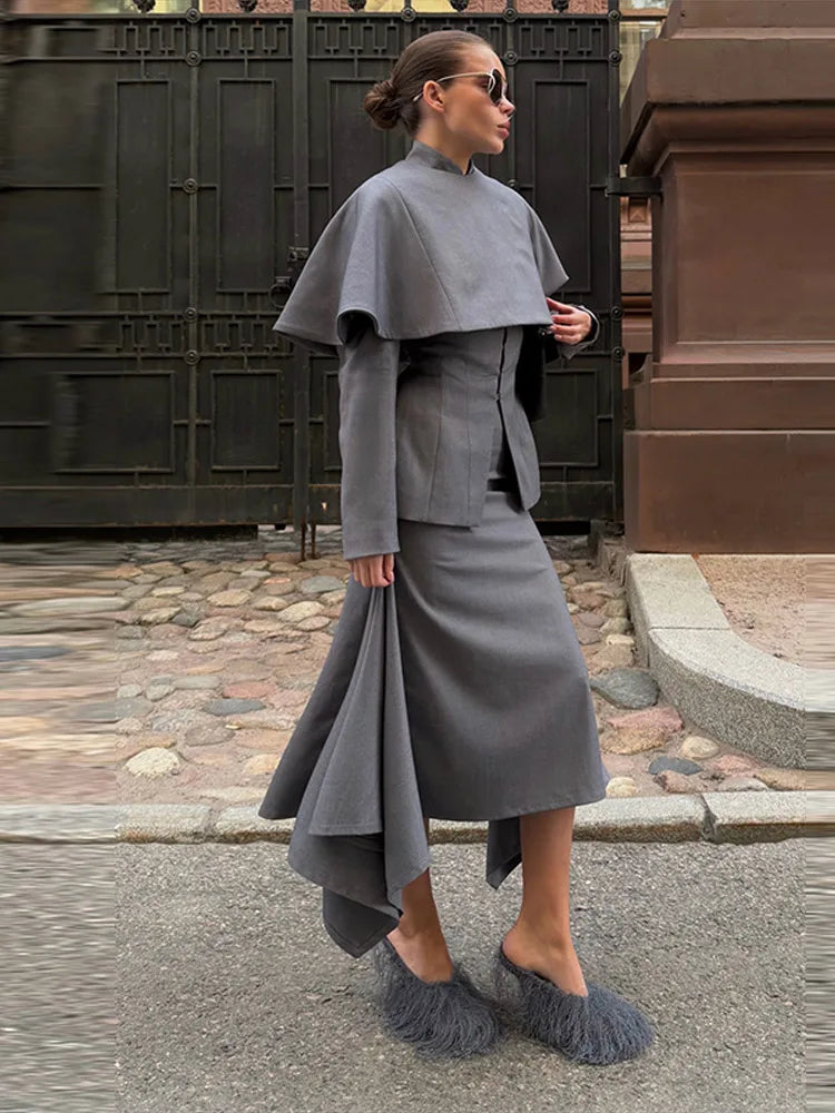 Chic Women Gray Suit Jacket Skirt Set Long Sleeve Stand Collar Waisted Jacket O Neck Cloak Hip Package Midi Skirts OL Outfits