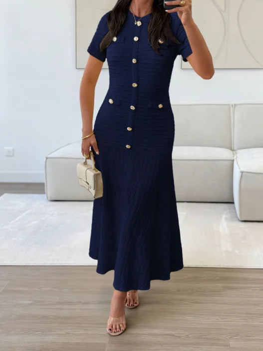 Women's Solid Color Midi Dress Short Sleeve Gold Button Decorated Fitted Flared Hem Gown Elegant Retro Outfit Dating & Parties