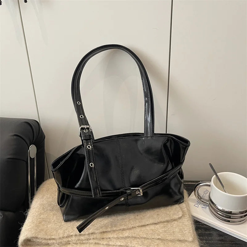 New Fashionable Versatile Belt Buckle Handbag Korean Style Solid Color Soft Leather Women's Casual Shoulder Bag Underarm Bag